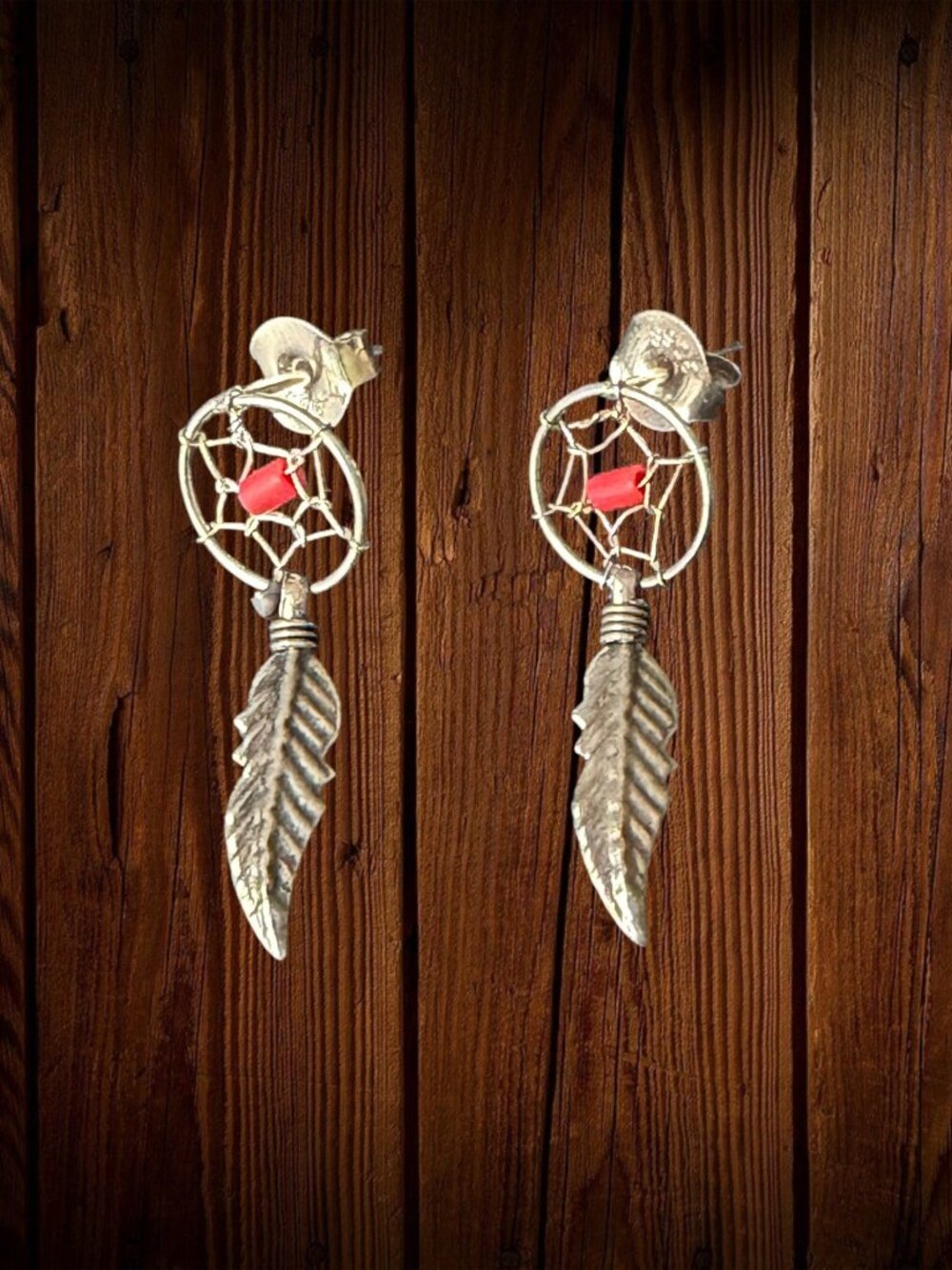 Vinage 925 Sterling Silver Coral Dream Catcher Feather Earrings Dangle Drop Dain